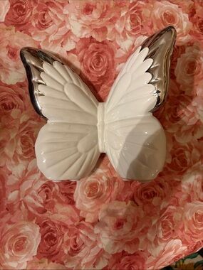 Ceramic Butterfly Wall Decor in White with Silver Accents